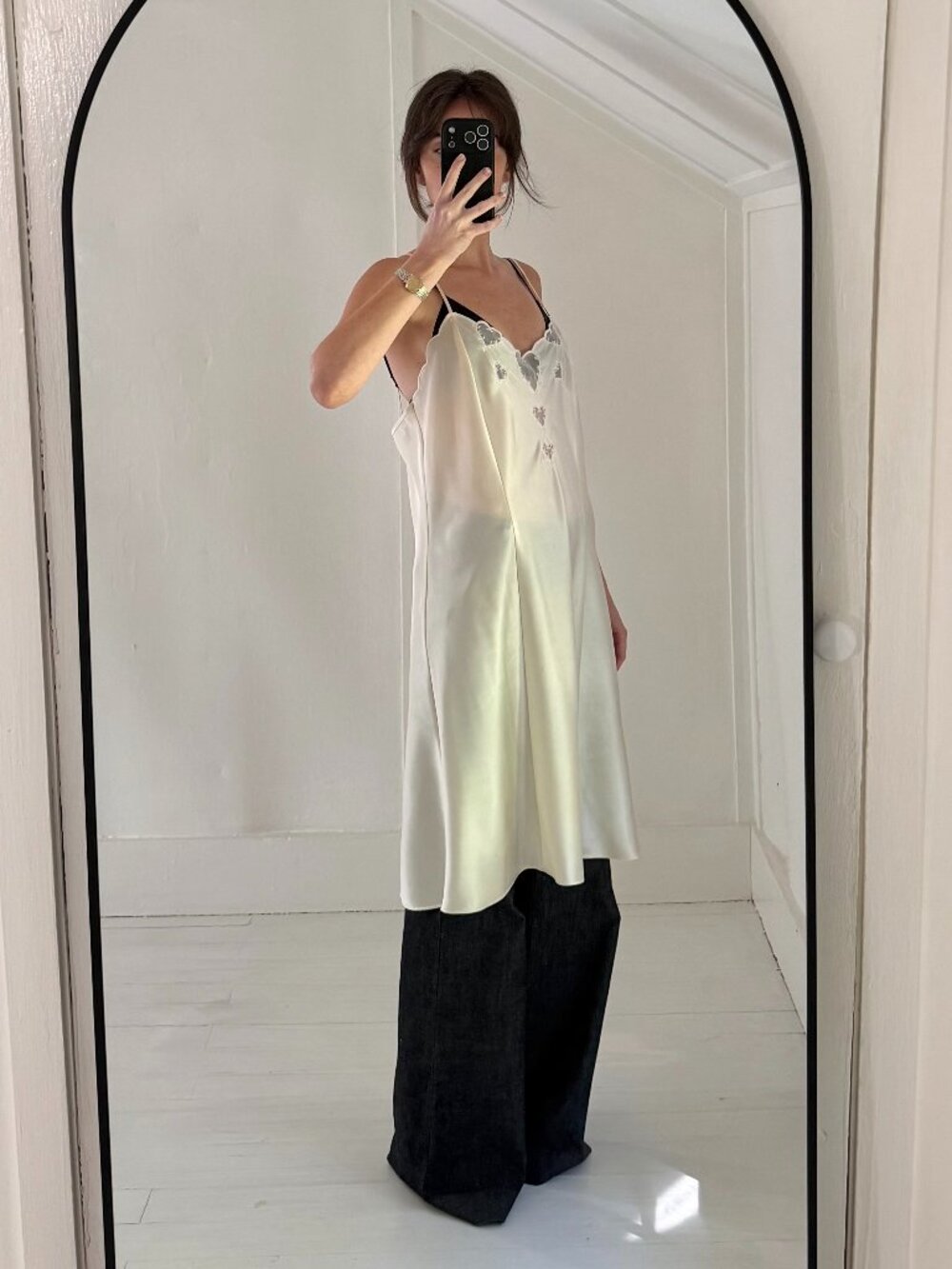 Valerie Stevens Vintage 90s Satin Heart Inset Midi Slip Dress Ivory Size L
